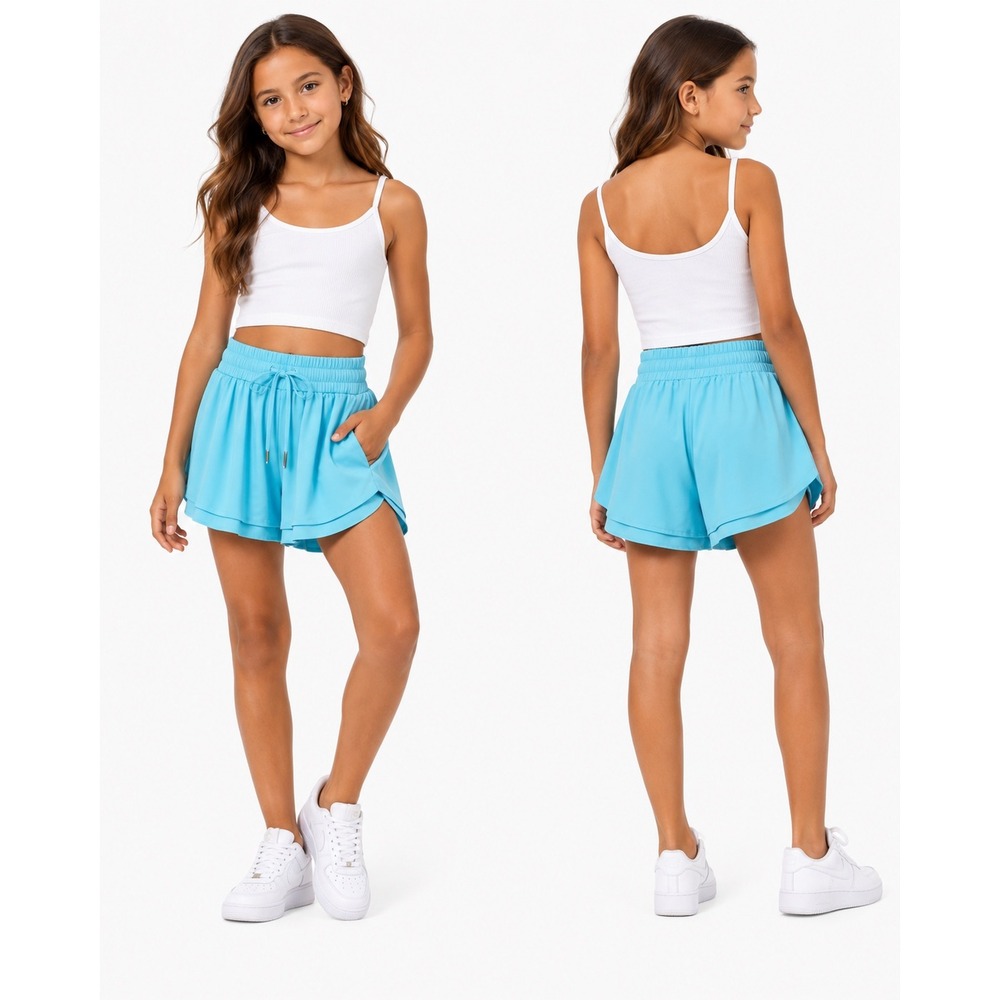 Liberty Pro Flowy Short Girls YL Blue Ruffle Smocked Active Dance Skort Athletic